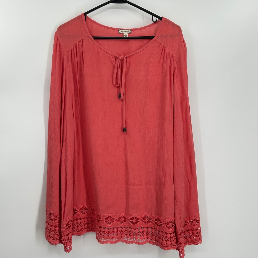 Eyeshadow Womens 1X Coral Pink Crochet Lace Trim Tie Neck Long Sleeve Blouse